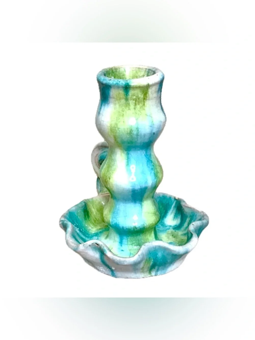 Vintage Williamsburg Pottery Blue Green Twist Chamberstick Taper Candle Holder